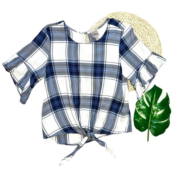 Como Vintage Blue and White Plaid Flutter Ruffle Sleeve Front Tie Top Size Small - Picture 16 of 16
